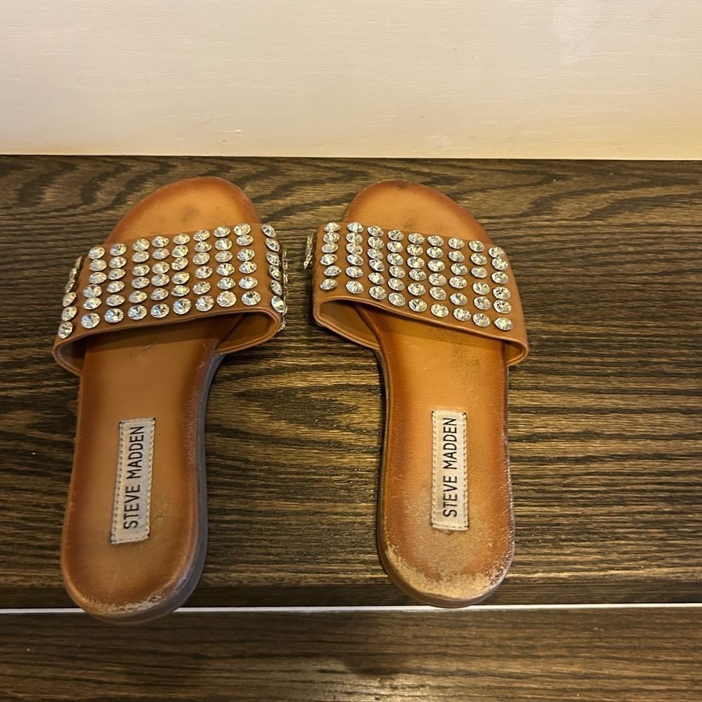Steve Madden Brown Rhinestone Slide Sandals - Picture 2 of 7